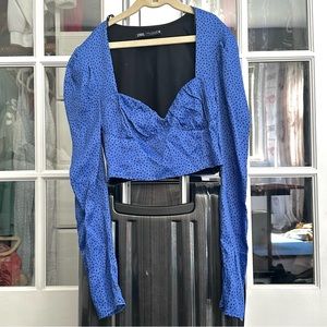 Zara Bustier Long Sleeve Crop top Size XS Blue with Black Polka Dots